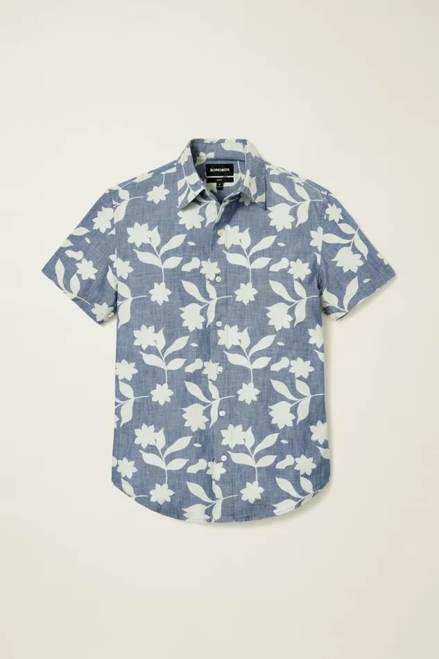 Men Riviera Short Sleeve Shirt Blue Chambray Floral Stamp Bonobos Casual Shirts