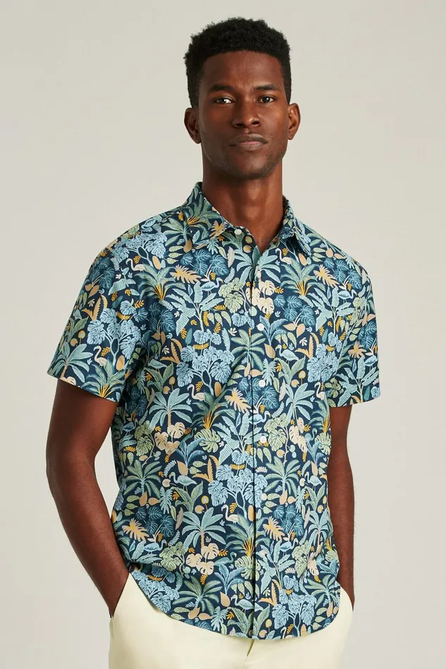 Men Riviera Short Sleeve Shirt Flamingo Jungle Blue Bonobos Casual Shirts