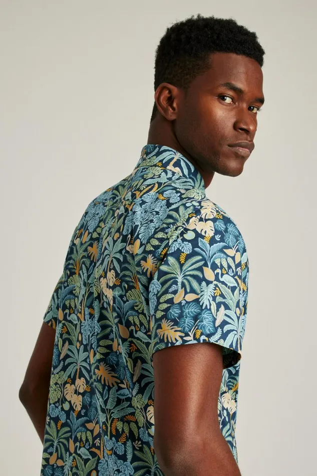 Men Riviera Short Sleeve Shirt Flamingo Jungle Blue Bonobos Casual Shirts