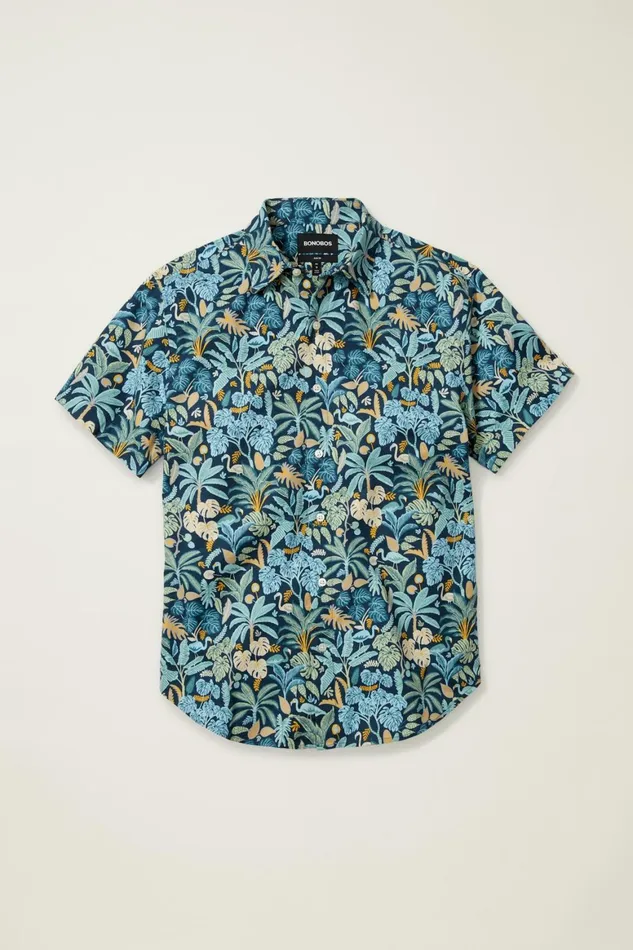 Men Riviera Short Sleeve Shirt Flamingo Jungle Blue Bonobos Casual Shirts