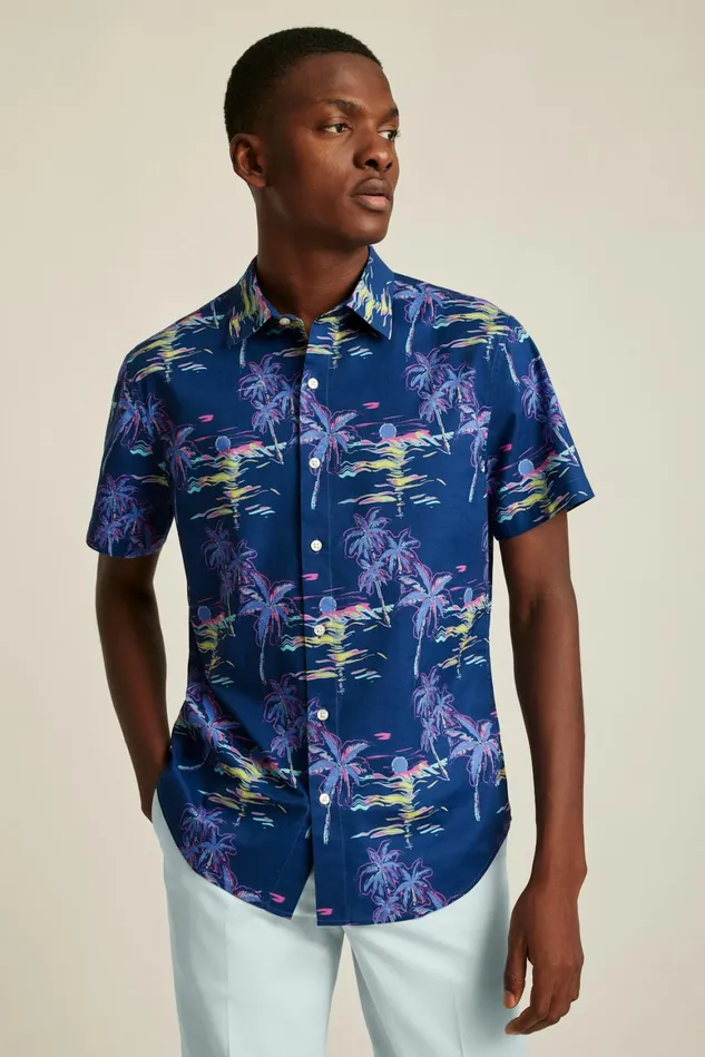 Men Riviera Short Sleeve Shirt Navy Neon Beach Scene Bonobos Casual Shirts