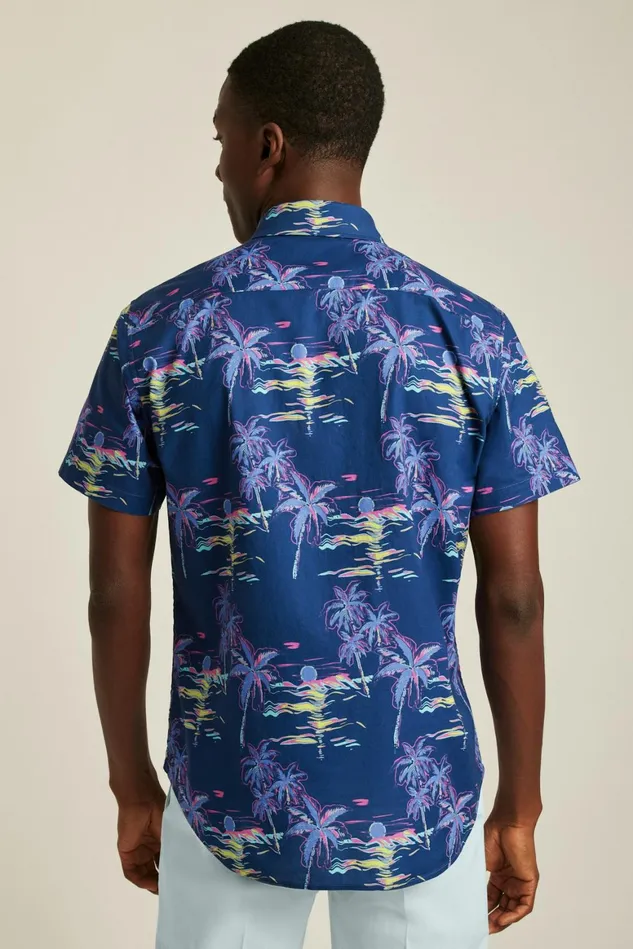 Men Riviera Short Sleeve Shirt Navy Neon Beach Scene Bonobos Casual Shirts