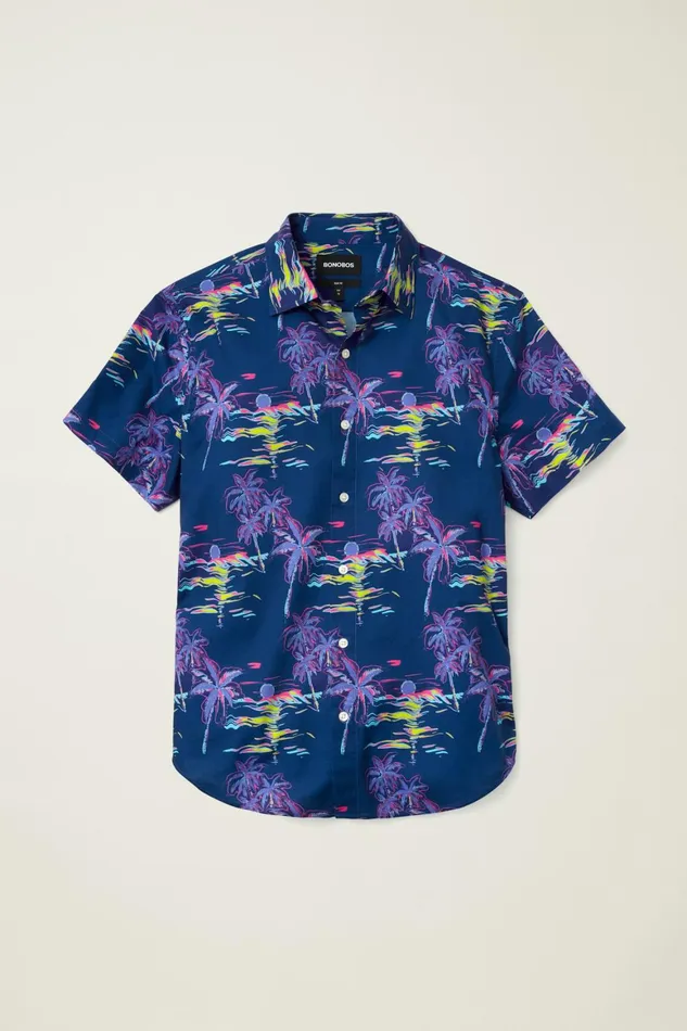 Men Riviera Short Sleeve Shirt Navy Neon Beach Scene Bonobos Casual Shirts