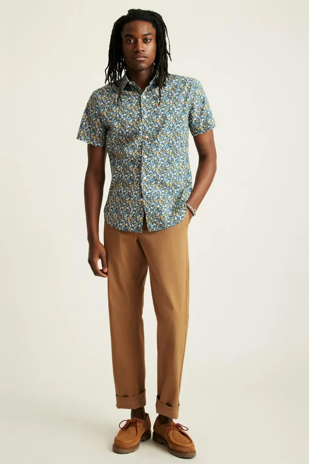 Men Riviera Short Sleeve Shirt Navy Painted Floral Bonobos Casual Shirts