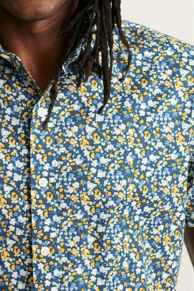 Men Riviera Short Sleeve Shirt Navy Painted Floral Bonobos Casual Shirts