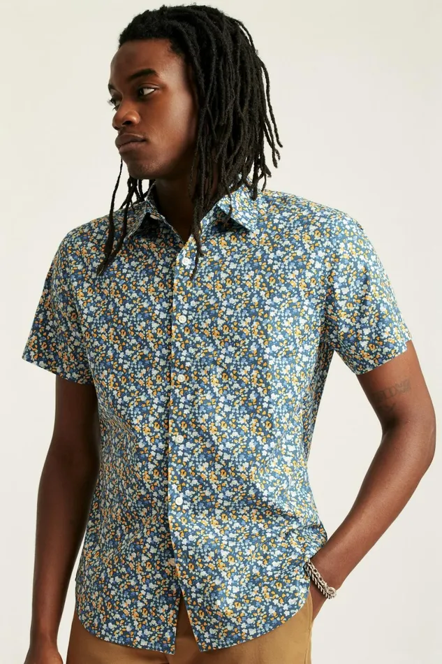 Men Riviera Short Sleeve Shirt Navy Painted Floral Bonobos Casual Shirts