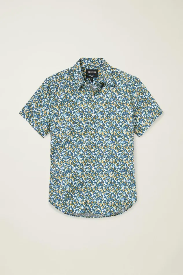 Men Riviera Short Sleeve Shirt Navy Painted Floral Bonobos Casual Shirts