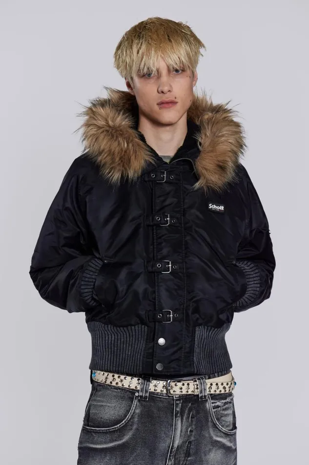 Men Schott Black MA1 Hooded Bomber Jacket Jaded London Outerwear