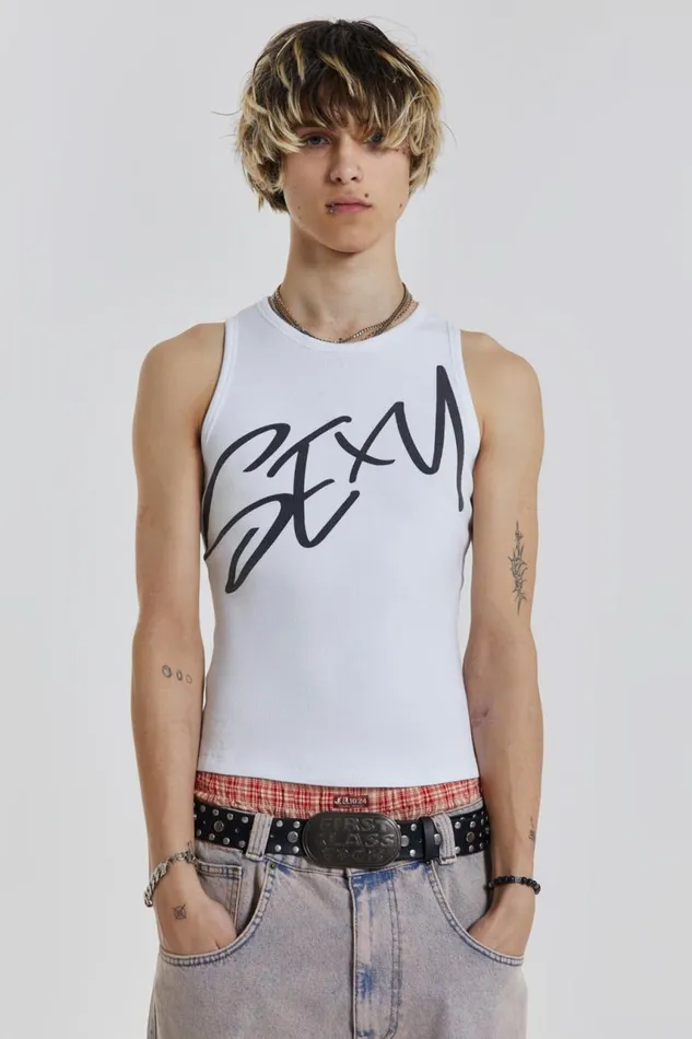 Men Sexy Screen Print While Sleeveless Vest Jaded London TShirts and Vests