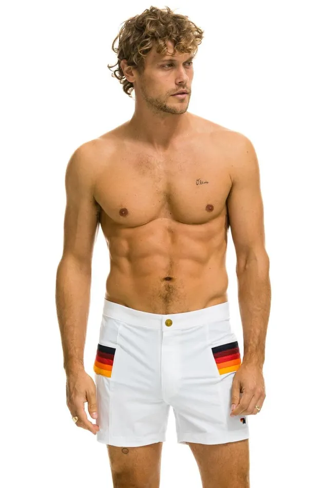 Men Shorts Aviator Nation Horizontal 5 Stripe Flex Shorts 8211 White
