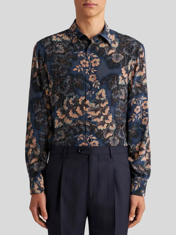 Men Silk Shirt With Foliage Print Etro Shirts