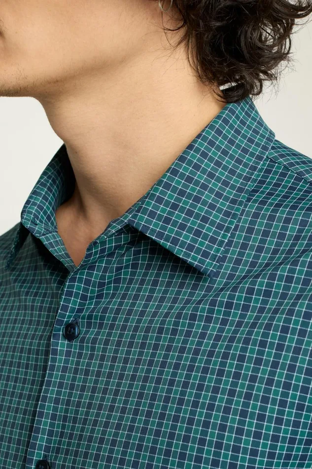 Men Tech Button Down Shirt Navy Blue Emerald Plaid Bonobos Casual Shirts