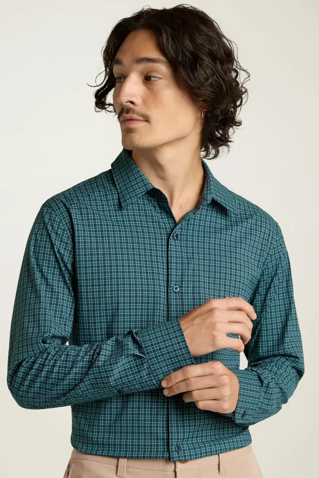 Men Tech Button Down Shirt Navy Blue Emerald Plaid Bonobos Casual Shirts