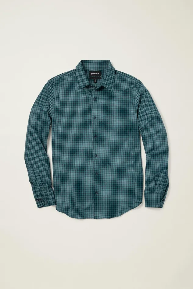 Men Tech Button Down Shirt Navy Blue Emerald Plaid Bonobos Casual Shirts