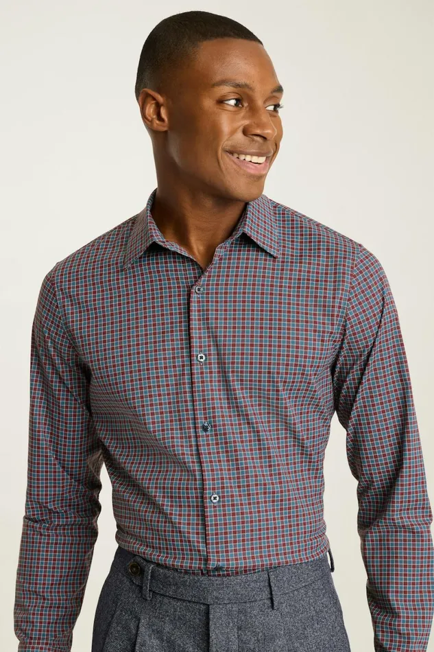 Men Tech Button Down Shirt Red Blue Ingram Plaid Bonobos Business Casual Shirts