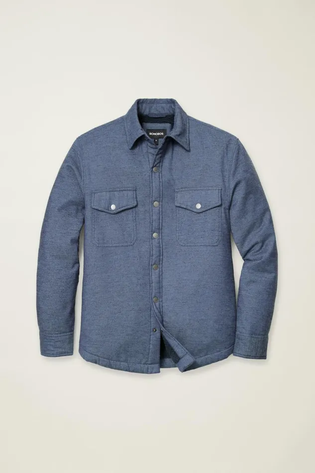 Men Teddy Fleece Lined Shacket Blue Twill Dobby Bonobos Casual Shirts