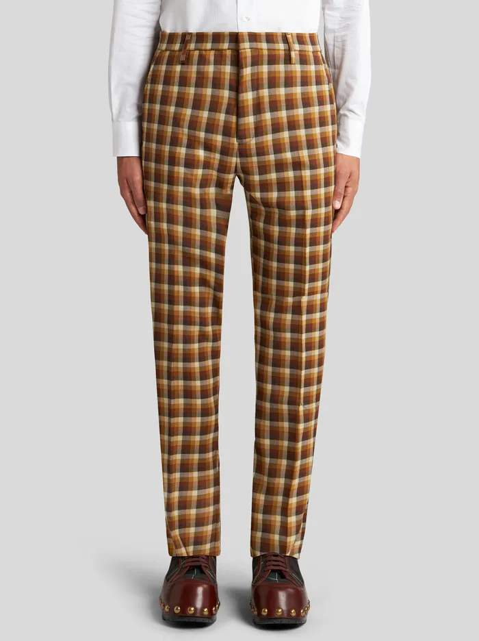 Men Virgin Wool Check Trousers Etro Trousers