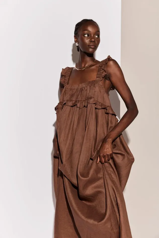 MidiMaxi Dresses Women VRG GRL Rossana Linen Maxi Dress Chocolate MidiMaxi Dresses Women VRG GRL Rossana Linen Maxi Dress Chocolate