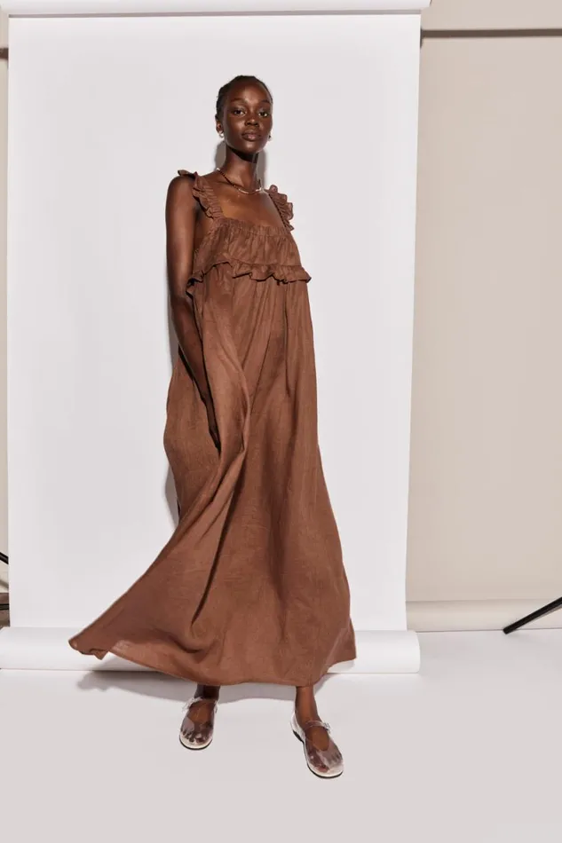 MidiMaxi Dresses Women VRG GRL Rossana Linen Maxi Dress Chocolate MidiMaxi Dresses Women VRG GRL Rossana Linen Maxi Dress Chocolate