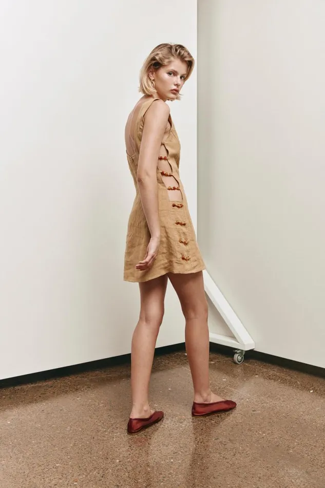 Mini Dresses Women VRG GRL Tia Linen Mini Dress Ochre Mini Dresses Women VRG GRL Tia Linen Mini Dress Ochre