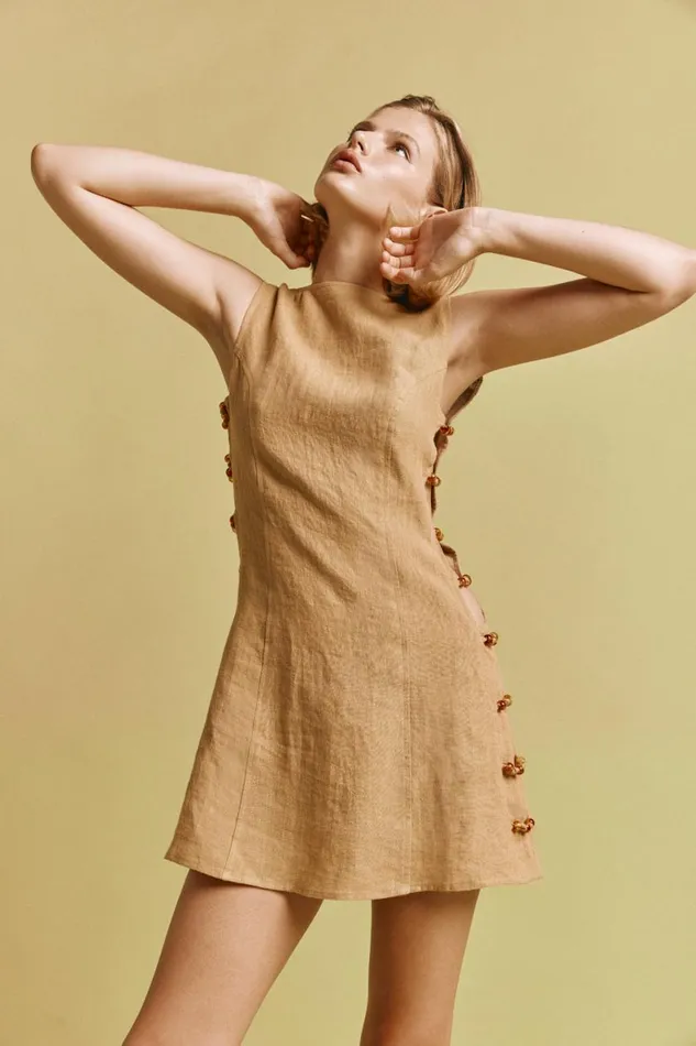 Mini Dresses Women VRG GRL Tia Linen Mini Dress Ochre Mini Dresses Women VRG GRL Tia Linen Mini Dress Ochre