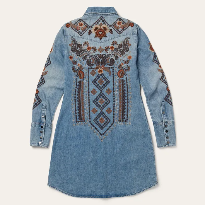 Mini Women Stetson Floral Embroidered Denim Shirt Dress Blue