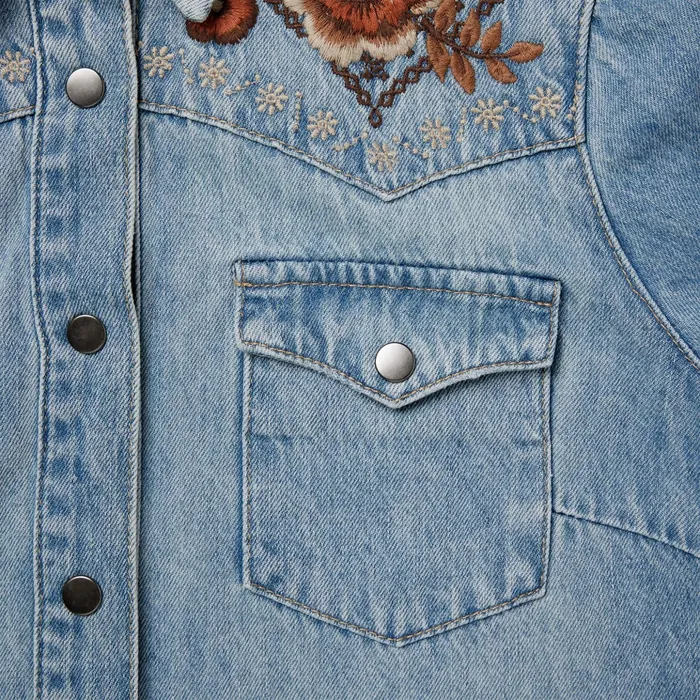 Mini Women Stetson Floral Embroidered Denim Shirt Dress Blue