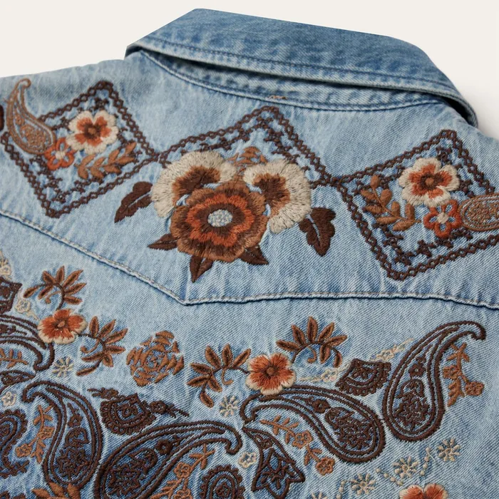 Mini Women Stetson Floral Embroidered Denim Shirt Dress Blue