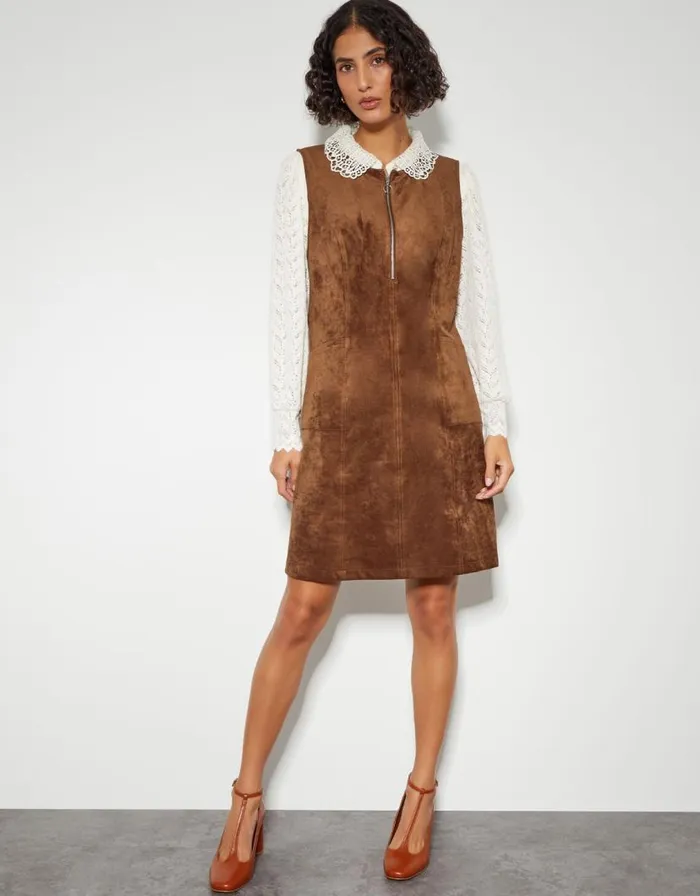 Monsoon Amber Suedette Pinafore Dress Brown Women Casualwear