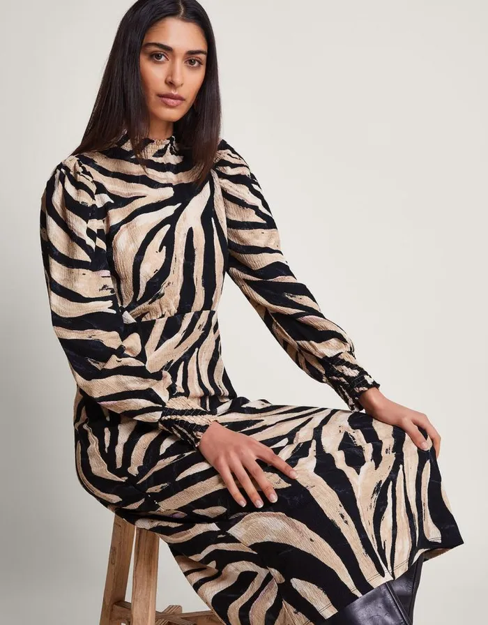 Monsoon Animal Print Dress Black Women Midi Dresses