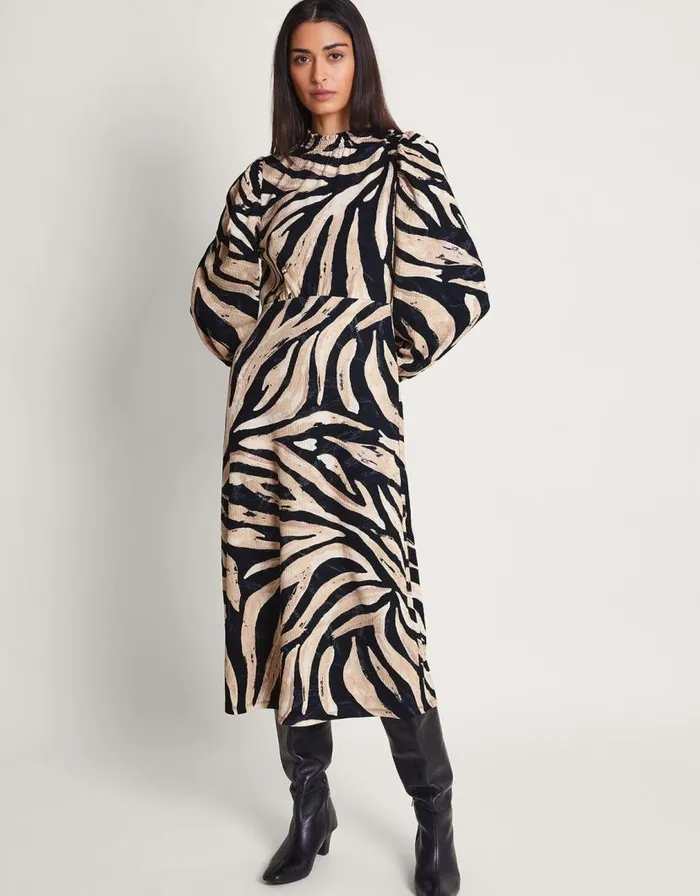 Monsoon Animal Print Dress Black Women Midi Dresses Monsoon Animal Print Dress Black Women Midi Dresses