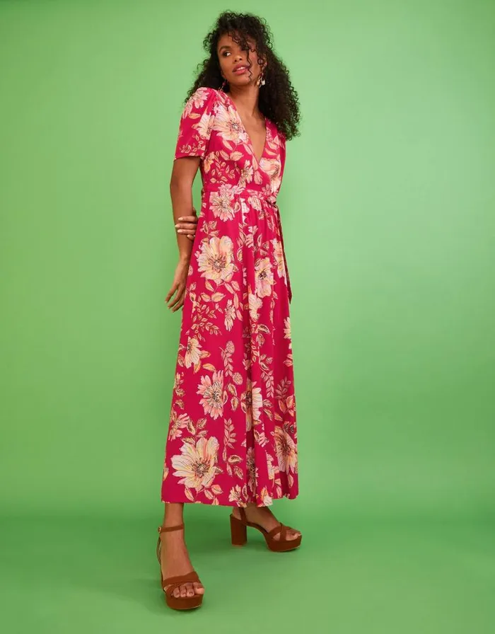 Monsoon Bex Sequin Floral Wrap Dress In Sustainable Viscose Red Women Occasionwear