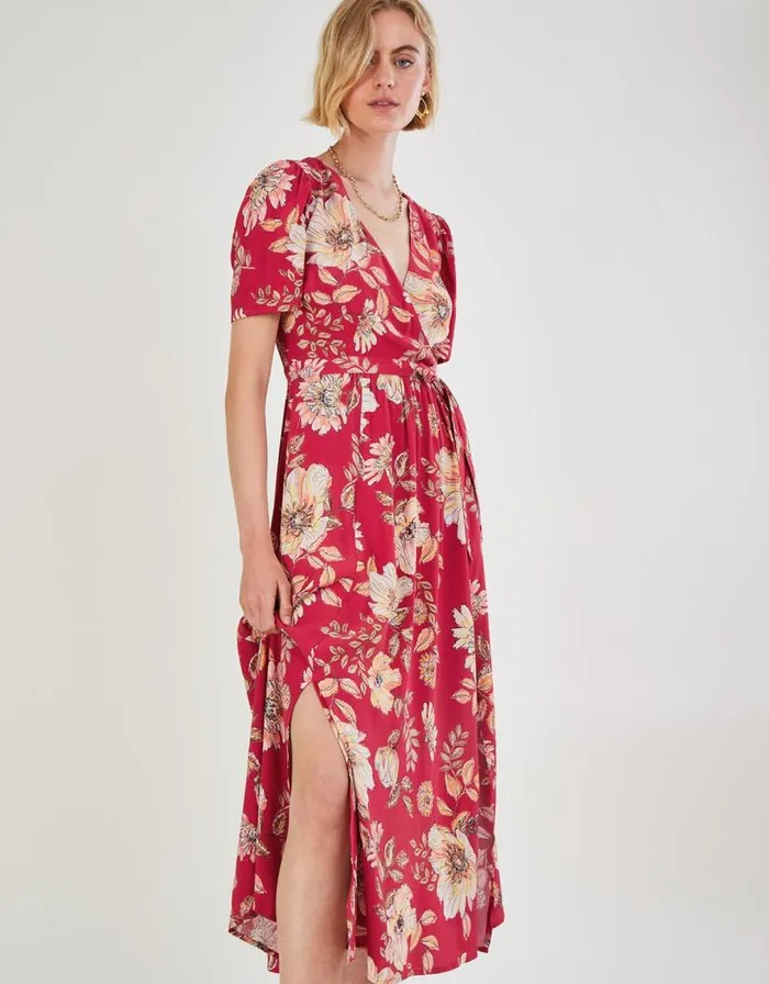 Monsoon Bex Sequin Floral Wrap Dress In Sustainable Viscose Red Women Occasionwear Monsoon Bex Sequin Floral Wrap Dress In Sustainable Viscose Red Women Occasionwear