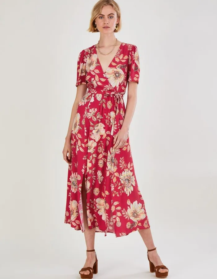Monsoon Bex Sequin Floral Wrap Dress In Sustainable Viscose Red Women Occasionwear Monsoon Bex Sequin Floral Wrap Dress In Sustainable Viscose Red Women Occasionwear
