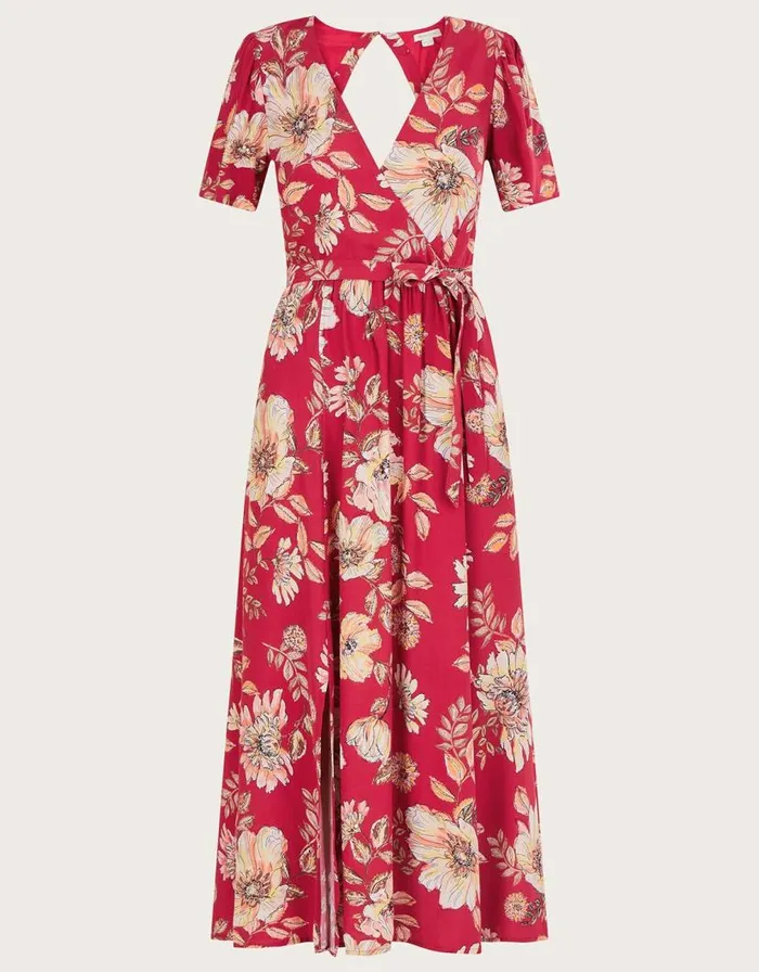 Monsoon Bex Sequin Floral Wrap Dress In Sustainable Viscose Red Women Occasionwear Monsoon Bex Sequin Floral Wrap Dress In Sustainable Viscose Red Women Occasionwear