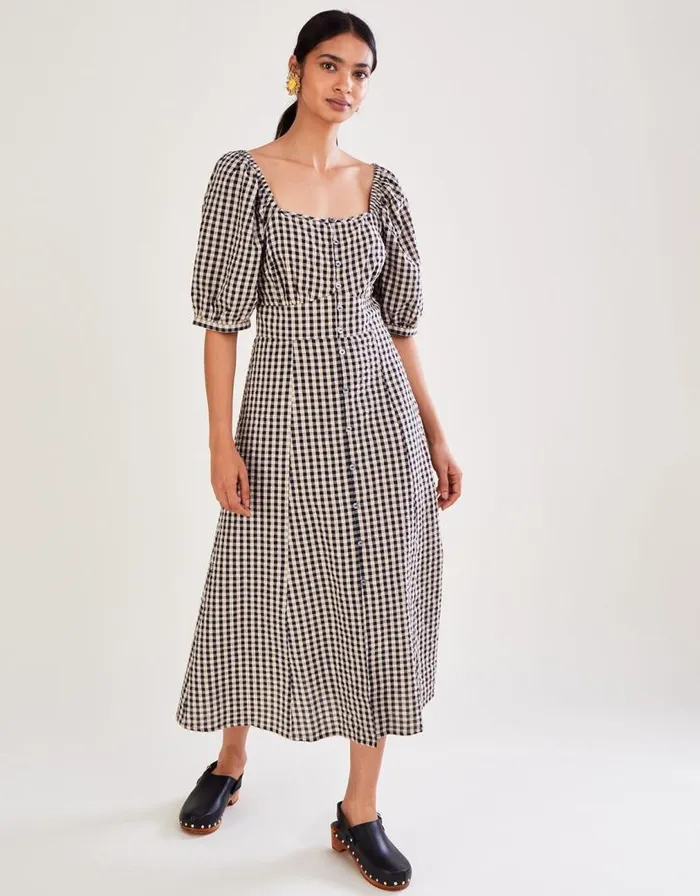 Monsoon Check Print Button Through Midi Dress Brown Women Casualwear