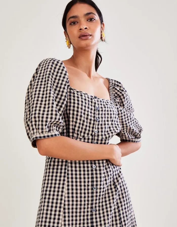 Monsoon Check Print Button Through Midi Dress Brown Women Casualwear Monsoon Check Print Button Through Midi Dress Brown Women Casualwear