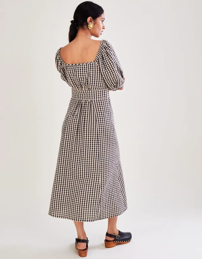 Monsoon Check Print Button Through Midi Dress Brown Women Casualwear Monsoon Check Print Button Through Midi Dress Brown Women Casualwear