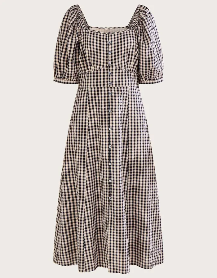 Monsoon Check Print Button Through Midi Dress Brown Women Casualwear Monsoon Check Print Button Through Midi Dress Brown Women Casualwear