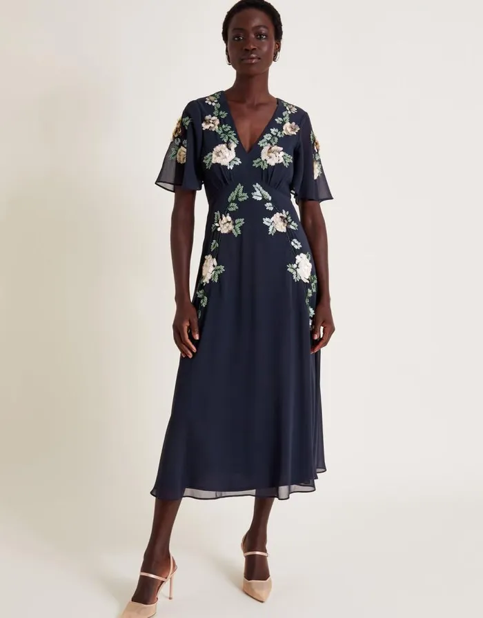 Monsoon Cora Floral Embellished Midi Tea Dress Blue Women Midi Dresses