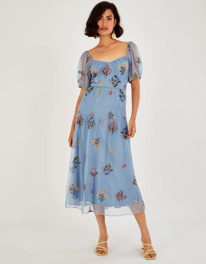 Monsoon Cressida Embroidered Midi Dress In Recycled Polyester Blue Women Occasionwear
