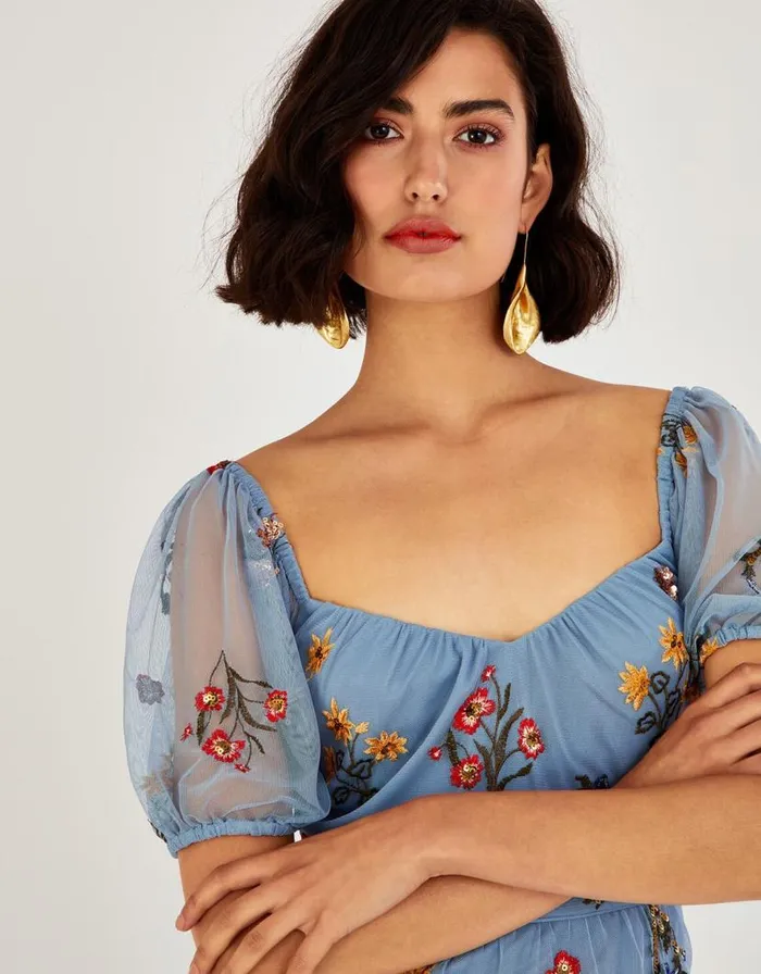 Monsoon Cressida Embroidered Midi Dress In Recycled Polyester Blue Women Occasionwear Monsoon Cressida Embroidered Midi Dress In Recycled Polyester Blue Women Occasionwear