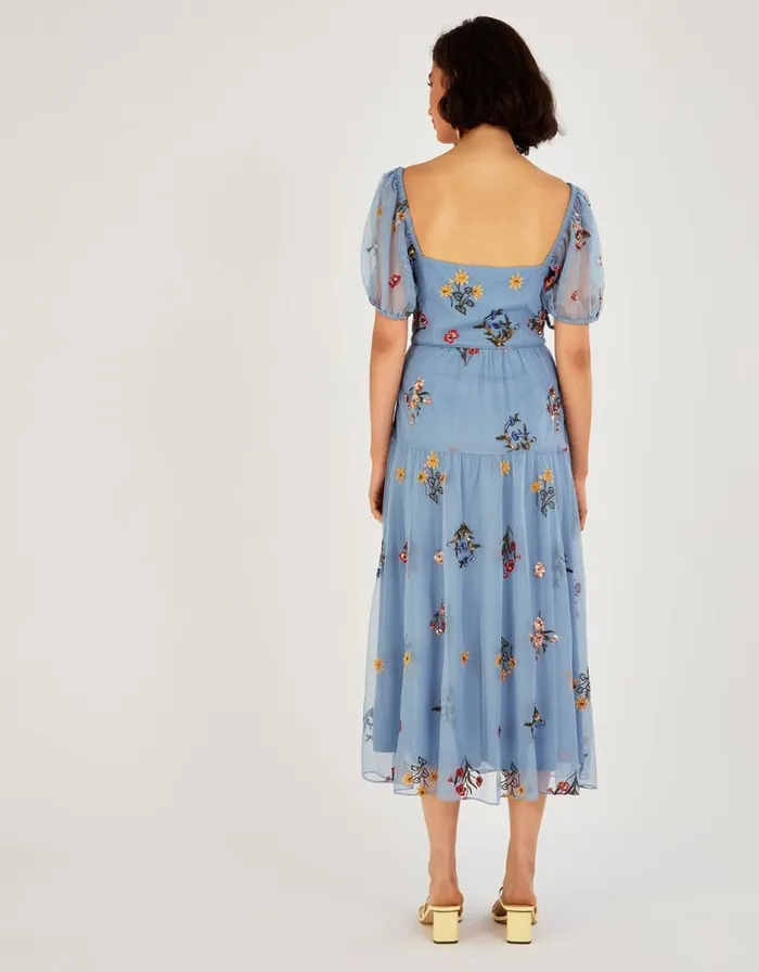 Monsoon Cressida Embroidered Midi Dress In Recycled Polyester Blue Women Occasionwear Monsoon Cressida Embroidered Midi Dress In Recycled Polyester Blue Women Occasionwear