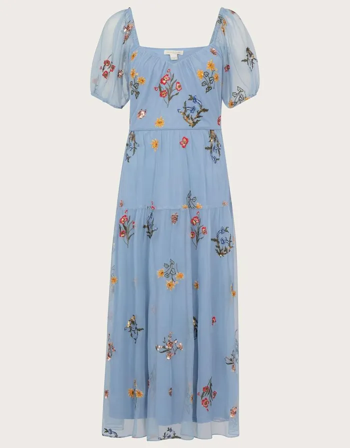 Monsoon Cressida Embroidered Midi Dress In Recycled Polyester Blue Women Occasionwear Monsoon Cressida Embroidered Midi Dress In Recycled Polyester Blue Women Occasionwear