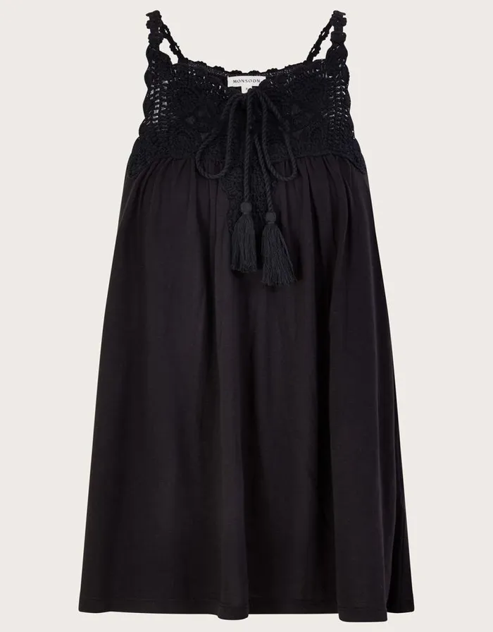 Monsoon Crochet Trim Jersey Cami Black Women Tops and Blouses Monsoon Crochet Trim Jersey Cami Black Women Tops and Blouses