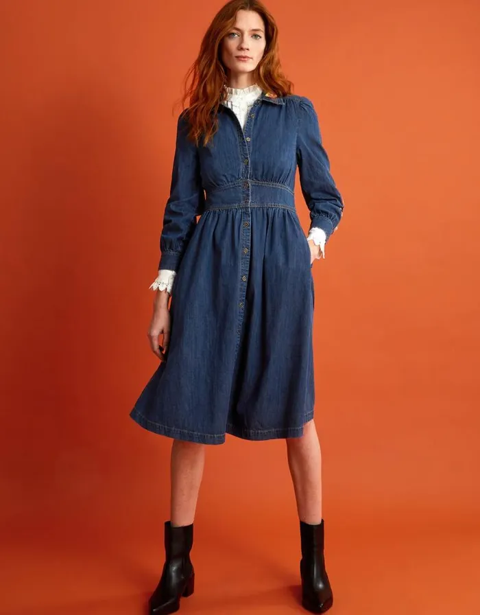Monsoon Embroidered Denim Midi Shirt Dress Blue Women Casualwear