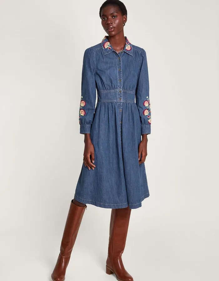 Monsoon Embroidered Denim Midi Shirt Dress Blue Women Casualwear Monsoon Embroidered Denim Midi Shirt Dress Blue Women Casualwear