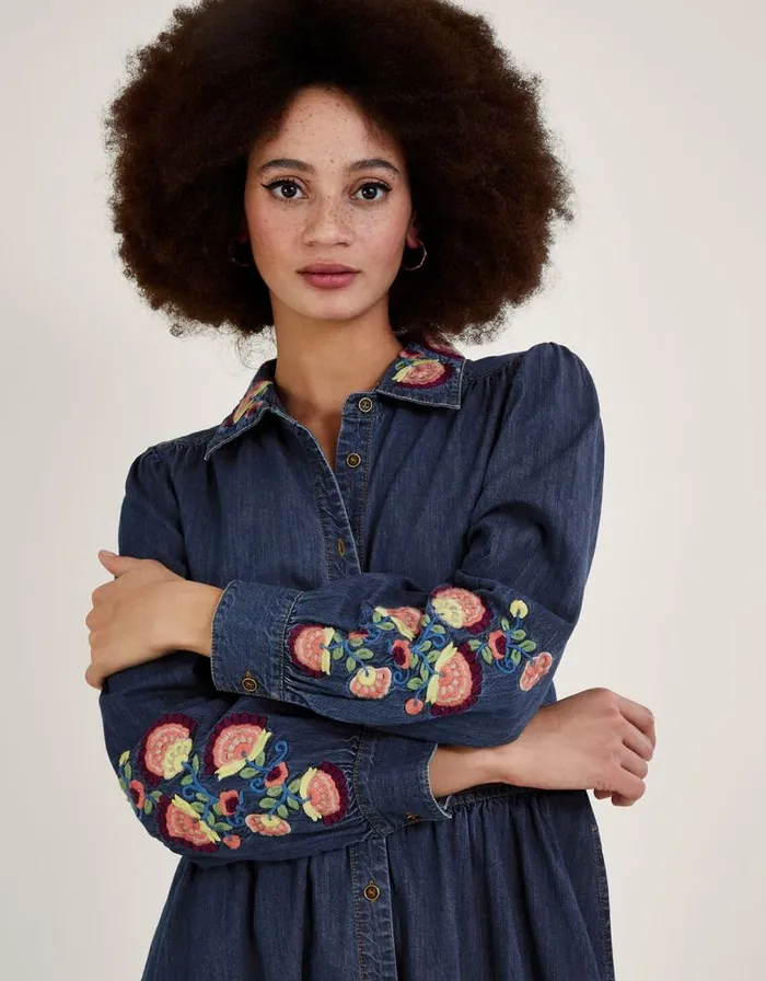 Monsoon Embroidered Denim Midi Shirt Dress Blue Women Casualwear Monsoon Embroidered Denim Midi Shirt Dress Blue Women Casualwear