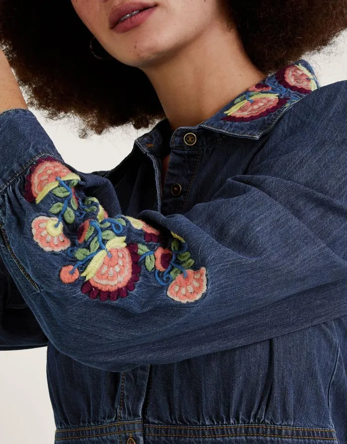 Monsoon Embroidered Denim Midi Shirt Dress Blue Women Casualwear Monsoon Embroidered Denim Midi Shirt Dress Blue Women Casualwear