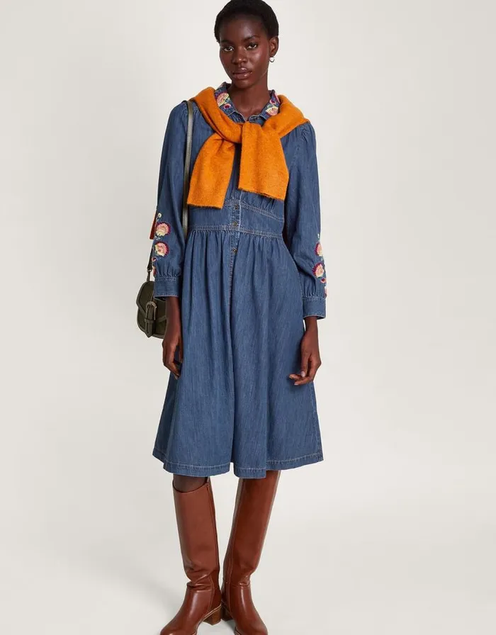 Monsoon Embroidered Denim Midi Shirt Dress Blue Women Casualwear Monsoon Embroidered Denim Midi Shirt Dress Blue Women Casualwear